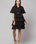 Women's Crepe Solid Shirt Collar Flared Black Short Dress