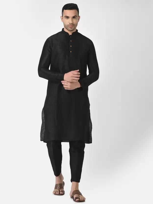 Men's Solid Dupion Silk Kurta Pyjama Set Black