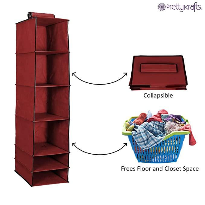 Organizer- 6 Shelves Foldable Hanging Wardrobe Organizers, maroon