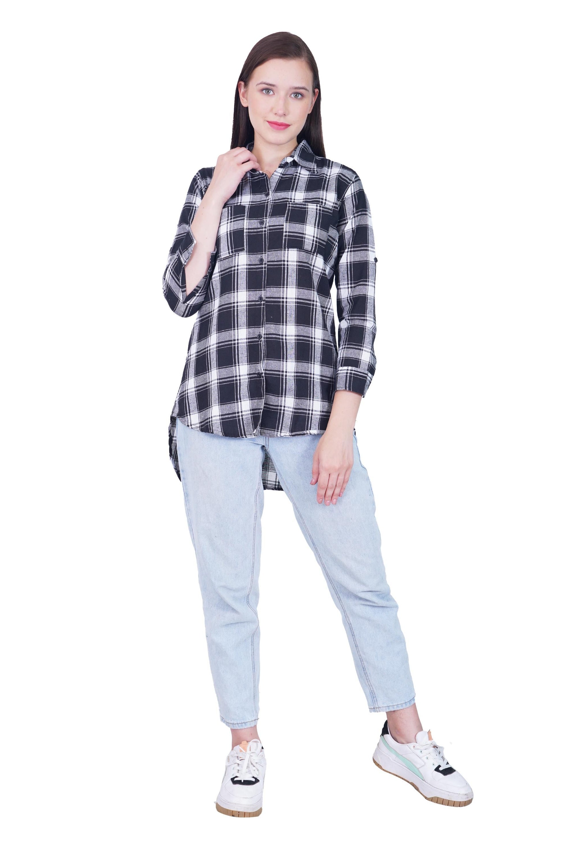 Checks Long Black Women Tunic Top