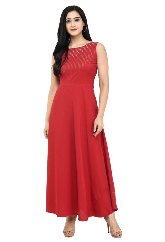 Women's Crepe Embellished Partywear Red Maxi Dress