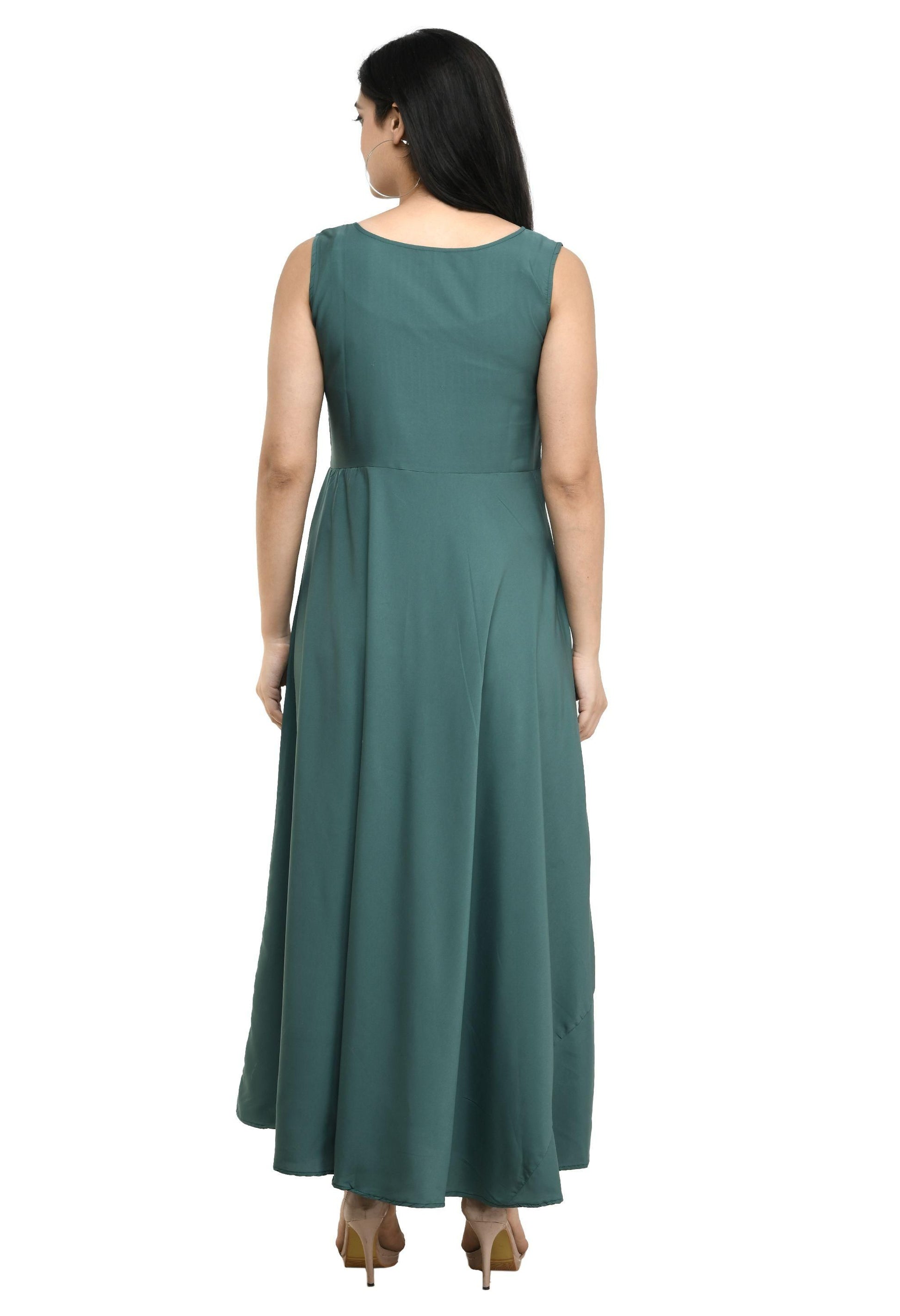 Women's Crepe Embellished Partywear Green Maxi Dress