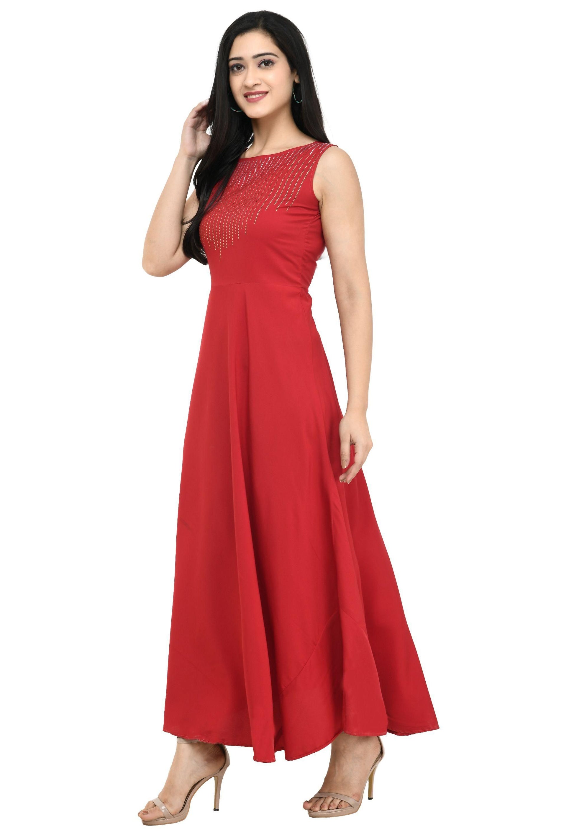 Women's Crepe Embellished Partywear Red Maxi Dress