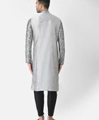 Men's Printed Dupion Silk Kurta Pajama Set Silver-Black