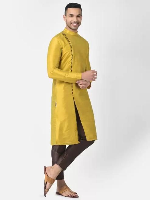 Men's Solid Slit Style Dupion Silk Kurta Pyjama Set Mustard-Brown