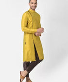 Men's Solid Slit Style Dupion Silk Kurta Pyjama Set Mustard-Brown