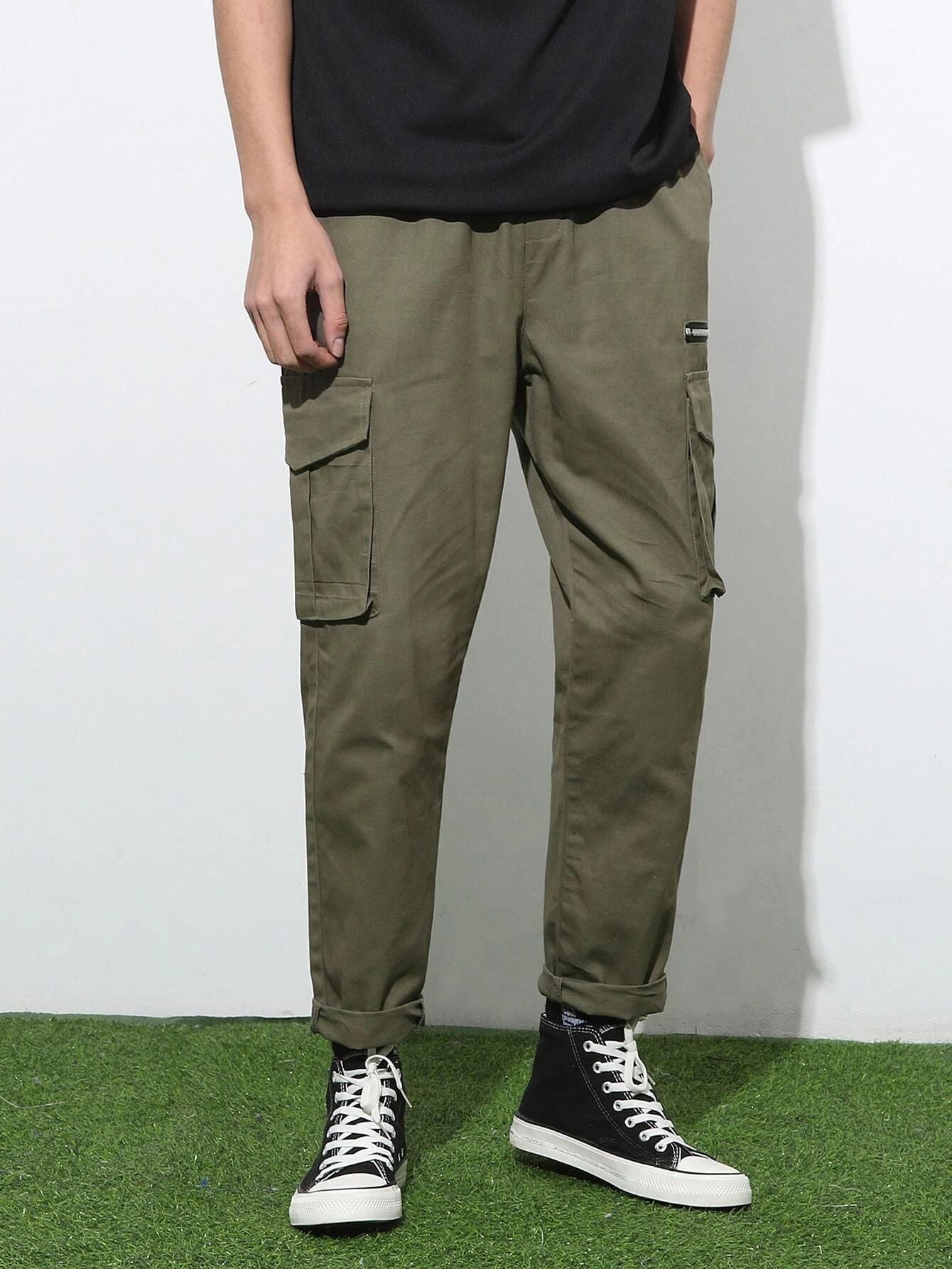 Men's Cotton Solid Multipocket Olive Cargo Pant Slim Fit