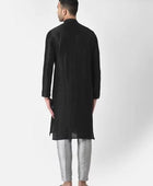 Men's Solid Slit Style Dupion Silk Kurta Pajama Set Black-Silver