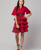 Women's Crepe Solid Shirt Collar Flared Red Short Dress