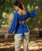 Women's Solid Royal Blue Front Ruched Peplum Top