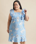 Blue Floral Flared Short Dress for Women