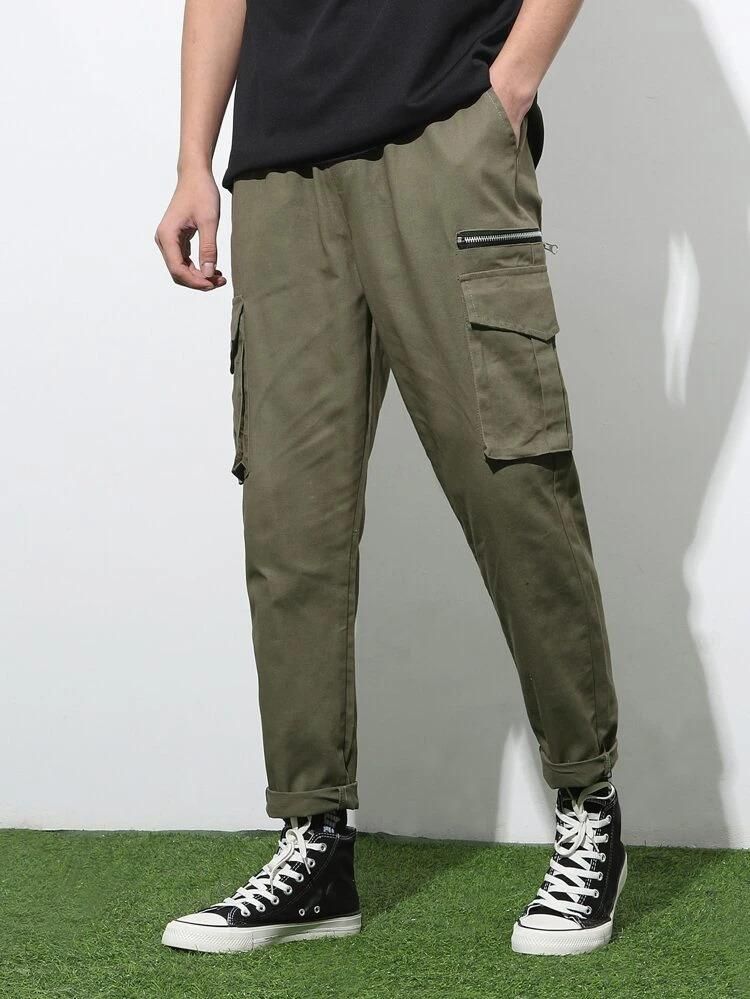 Men's Cotton Solid Multipocket Olive Cargo Pant Slim Fit