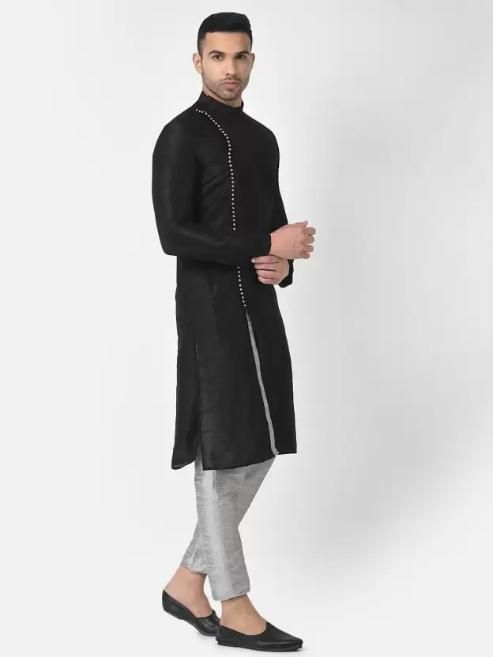 Men's Solid Slit Style Dupion Silk Kurta Pajama Set Black-Silver