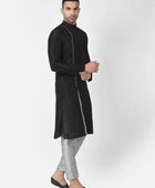 Men's Solid Slit Style Dupion Silk Kurta Pajama Set Black-Silver