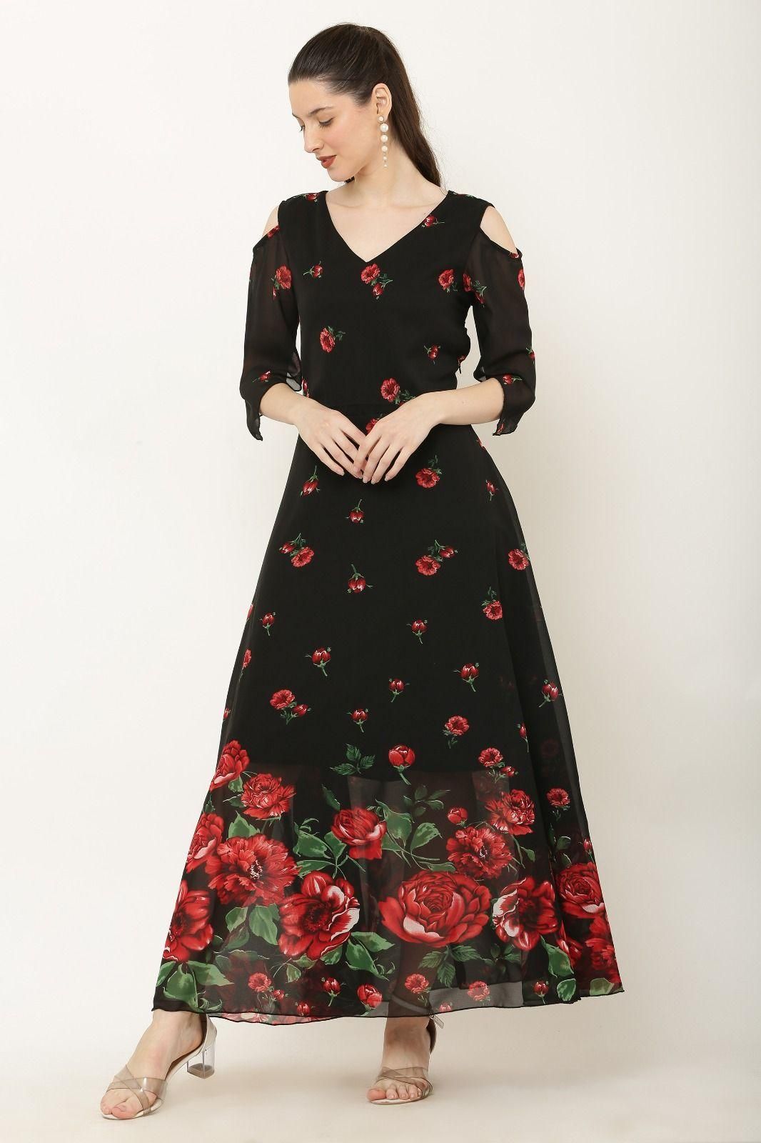 Women's Floral Print V-Neck Georgette Maxi Dress