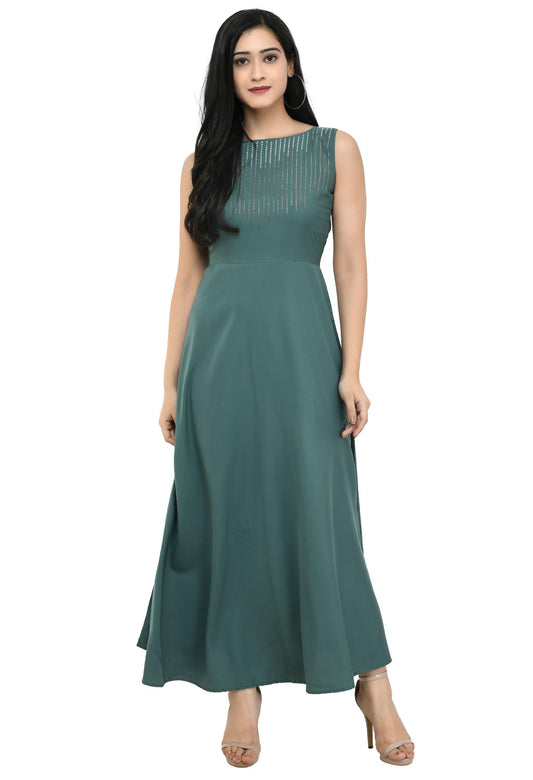 Women's Crepe Embellished Partywear Green Maxi Dress