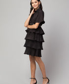 Women's Crepe Solid Shirt Collar Flared Black Short Dress