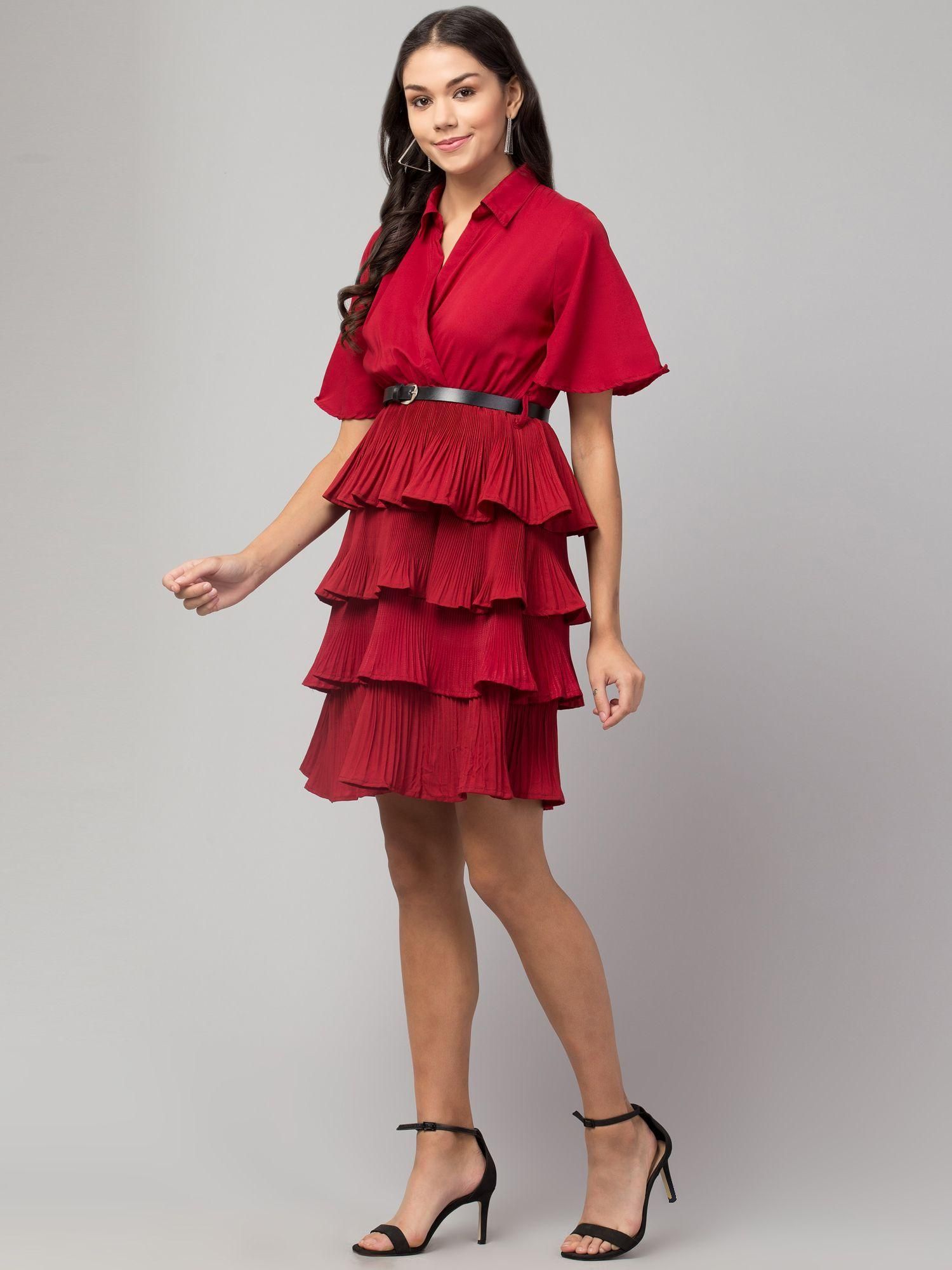 Women's Crepe Solid Shirt Collar Flared Red Short Dress