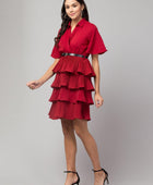 Women's Crepe Solid Shirt Collar Flared Red Short Dress