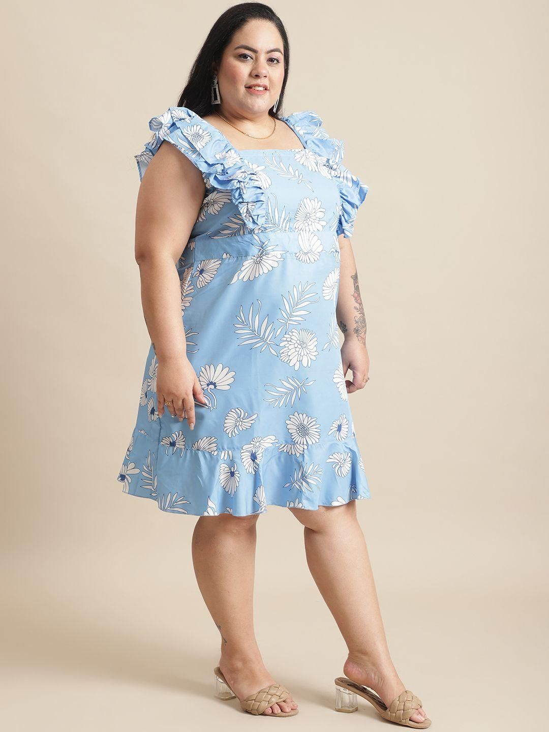 Blue Floral Flared Short Dress for Women