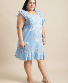 Blue Floral Flared Short Dress for Women