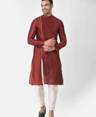 Men's Solid Slit Style Dupion Silk Kurta Pajama Set Red White