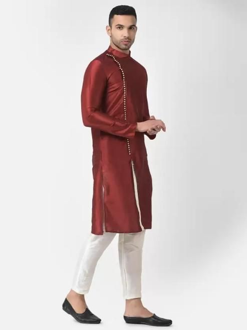 Men's Solid Slit Style Dupion Silk Kurta Pajama Set Red White