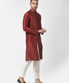 Men's Solid Slit Style Dupion Silk Kurta Pajama Set Red White