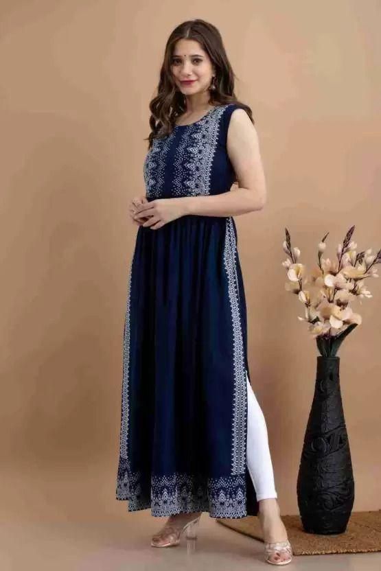 Rayon Printed Long Kurti Navy Blue