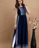 Rayon Printed Long Kurti Navy Blue