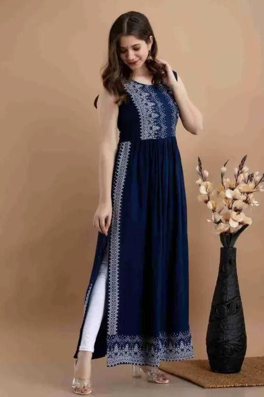 Rayon Printed Long Kurti Navy Blue