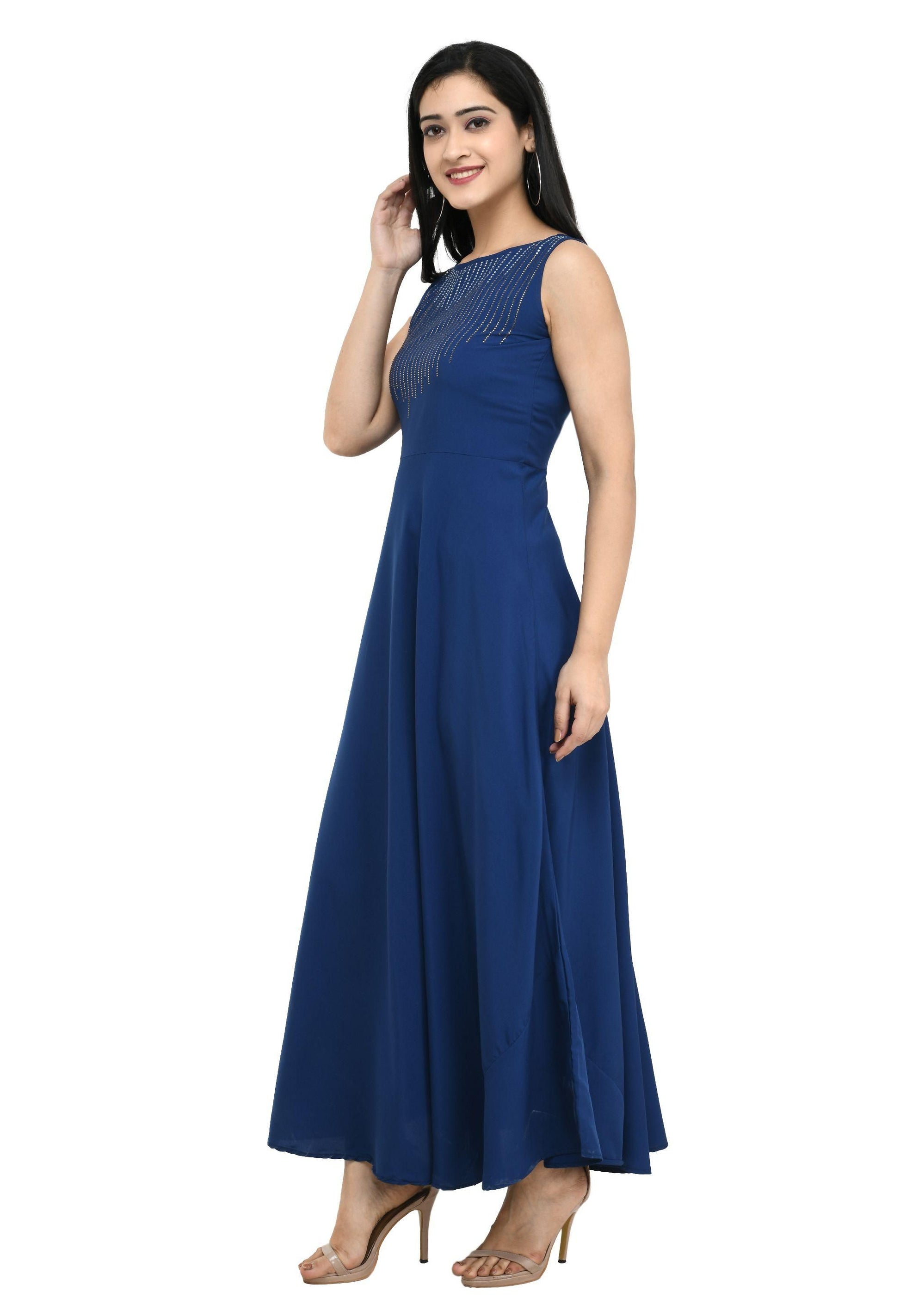 Women's Crepe Embellished Partywear Navy Blue Maxi Dress