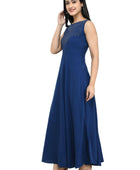 Women's Crepe Embellished Partywear Navy Blue Maxi Dress