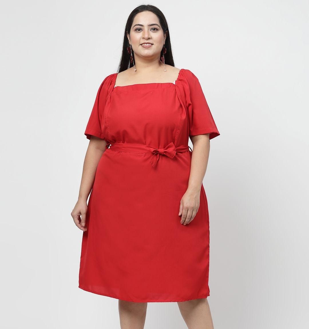 Red Solid Flared Short Dress for Women