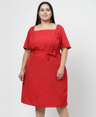 Red Solid Flared Short Dress for Women