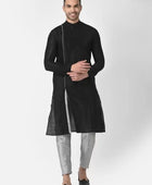 Men's Solid Slit Style Dupion Silk Kurta Pajama Set Black-Silver