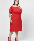 Red Solid Flared Short Dress for Women