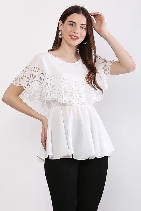 Women's Crepe Solid V-Neck White Top