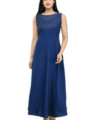 Women's Crepe Embellished Partywear Navy Blue Maxi Dress