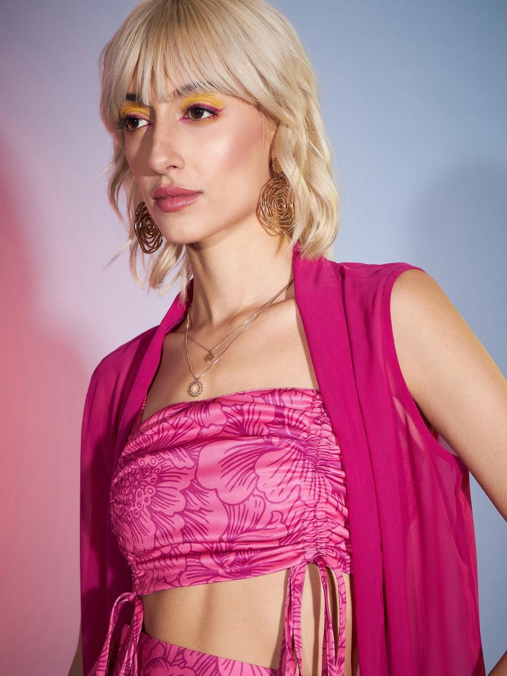 Women's Magenta Ruched Crop Top With Pants & Shrug