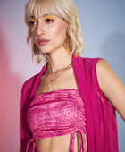 Women's Magenta Ruched Crop Top With Pants & Shrug