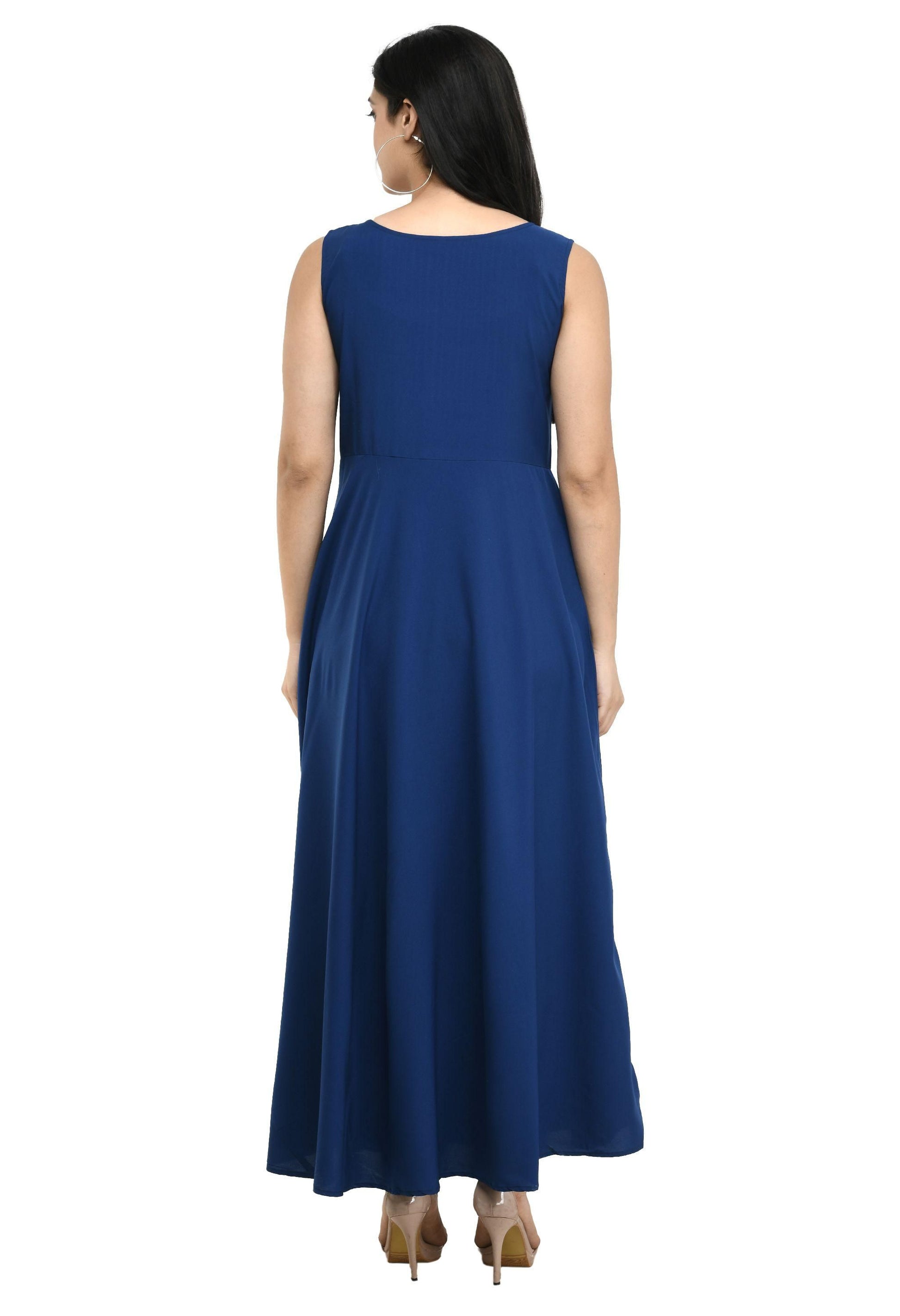 Women's Crepe Embellished Partywear Navy Blue Maxi Dress