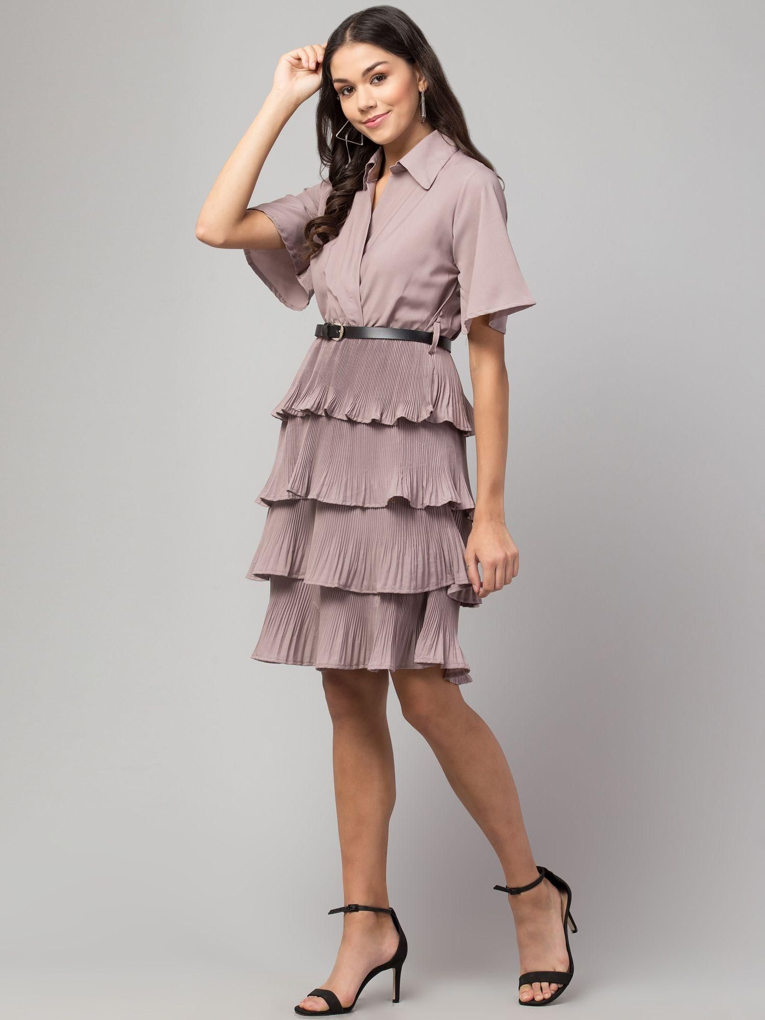 Women's Crepe Solid Shirt Collar Flared Purple Short Dress