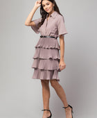 Women's Crepe Solid Shirt Collar Flared Purple Short Dress