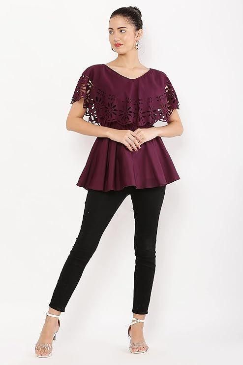 Women's Crepe Solid V-Neck Maroon Top