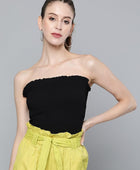 Women's Solid Black Smocking Tube Knit Top