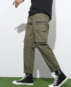 Men's Cotton Solid Multipocket Olive Cargo Pant Slim Fit