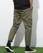 Men's Cotton Solid Multipocket Olive Cargo Pant Slim Fit