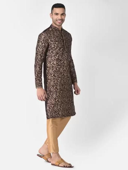 Men's Printed Dupion Silk Kurta Pyjama Set Maroon-Golden