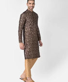 Men's Printed Dupion Silk Kurta Pyjama Set Maroon-Golden